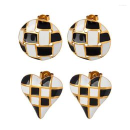 Hoop Earrings Korean Cute Black White Grid Hypoallergenic Heart Fashion 18K Gold Plated Women Jewelry