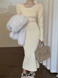 Work Dresses Alien Kitty Puff Sleeve Knitted Sweaters Women Slim Bodycon Maxi Skirts Suits High Street Winter Sets Chic Office Lady Gentle