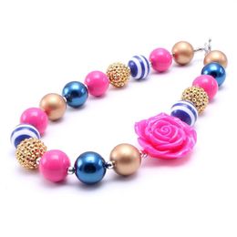 Pretty Flower Kid Chunky Necklace Gold+Hot Pink Color Bubblegum Bead Chunky Necklace Children Jewelry For Toddler Girl