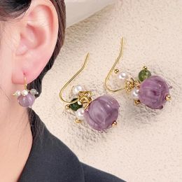 Dangle Earrings French Retro Purple Glaze Lotus Flower Hook Earring