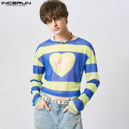 Men's T Shirts INCERUN Men Striped Hollow Out Mesh Transparent Streetwear Fashion Camisetas 2023 O-neck Long Sleeve Sexy Clothing