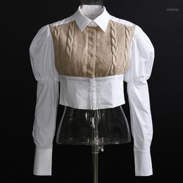 Women's Blouses Women Cotton Crop Blouse Spring Autumn Knitted Spliced Corset Shirt Tops & Shirts