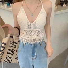 Women's Tanks Sexy Hollow Out Tops Knitted Tank Crop Sweet Beach Clothes Short Backless Summer Vintage Bohemian Style
