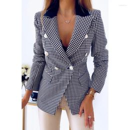 Women's Suits 2023 Autumn And Winter Fashion Commuter Double Breasted Thousand Bird Checker Coat Casual Comfort Versatile Top