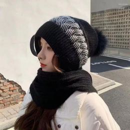 Berets Hat To Protect Hairstyle Winter For Women Knitted Windproof Warm With Plush Ball Decor Anti-slip Beanie Scarf Combo Stylish