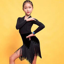 Stage Wear 2023 G3281 Long Sleeve Kids Latin Dance Dress Tassel And Wrinkle Design Girl Dancing Cloth Ballroom Dancewear