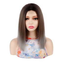 Chemical fiber headgear small lace wig headgear dark brown gradient silver gray wig headgear middle split wave wig headgear