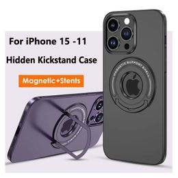 For Magsafe Metal Matte Magnetic Case For iphone 15 14 13 12 Pro Max Hidden Kickstand Wireless Charging Phone Cover Shell