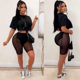 Women's Shorts Two Pieces Set Spring Summer Outfits Black Sheer Mesh Crop Top And Short Pants Casual Sexy Fro Female