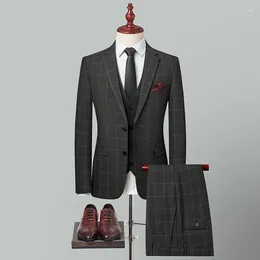 Men's Suits (Blazer Vest Pants) Fashion Business Casual Formal Plaid Elegant Professional Installation Micro-elastic 3-piece
