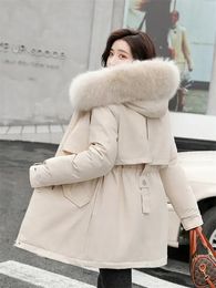 Women's Down Parkas Winter Coat Low Price On Sale Women Beige Add Wool Thick Warmth Fur Hooded Jacket 2023 Fashion Belt Slim Cotton 231123