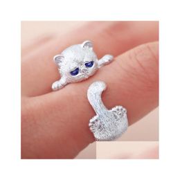 Jewellery Fashion Lovely Sier Plated Cute Cat Rings For Women Animal Eyes Open Ring Vintage G894 Drop Delivery Party Events Ac Dh7Qi