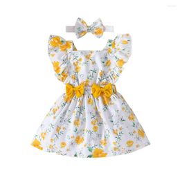 Girl Dresses 2023 3-24M Cute Toddler Baby Girls Floral Dress Summer Casual Ruffle Bows Flying Sleeve And Headband For Party