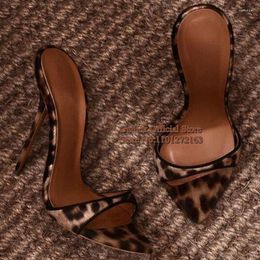 Sandals Leopard Thin High Heel Mules Pointed Open Toe Slip On Stiletto Slippers Plus Size 46 Women Summer Club Shoes