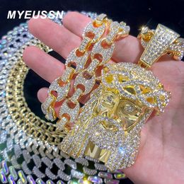 Chokers Hip Hop Jesus Pendant Cuban Chain Necklace Men Ice Out Paved Full Shining Crystal Jesus Head Face Charm Cuban Necklace Jewelry 231124