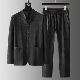 Men's Tracksuits MINGLU Spring Autumn Sport Casual Men's Sets Luxury Plaid Jacquard V Neck Long Sleeve Single Breasted Black Male Suits 3XL 230424