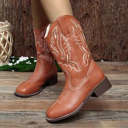 Boots Women's Vintage Embroidered Western Boots 2023 Autumn Square Toe Platform Mid Calf Boots Woman Thick Heeled Cowboy Botas Mujer T231124