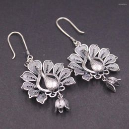 Dangle Earrings Real Solid 925 Sterling Silver Women Gift Lucky Filigree Flower Peacock