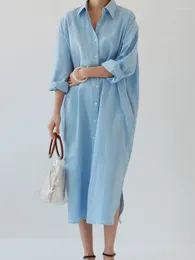 Casual Dresses Spring Summer Elegant For Women 2023 Solid Single-breasted Loose Long Sleeve Cotton Linen Shirt Oversized Robe