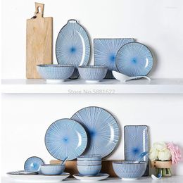 Bowls Japanese Design Ceramic Tableware Blue Colour Series Set Procelain Plate Rice Dish