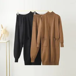 Women's Two Piece Pants Knitted Three Suit Spricng Autumn Long Shawl Lazy Sweater Coat Half High Collar Tank Top Closed Leg Trouser Set