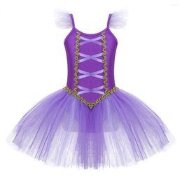 Stage Wear Ballet Tutu Leotard Dress Kids Girls Ballerina Sleeveless Purple Fairy Tulle Gymnastic Lyrical Dance Costumes