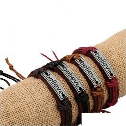 Charm Bracelets Believe Id Tag Charm Bracelets String Adjustable Leather Bracelet Wristband Bangle Cuff For Women Men Fashion Jewellery Dhy0V