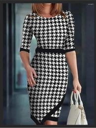 Casual Dresses Fall Houndstooth Print Bodycon For Women 2023 Sexy High Waist Bag Hip Slim Midi Dress Elegant Vestidos