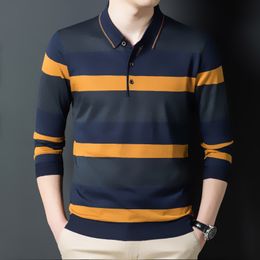 Men's Polos Ymwmhu Fashion Men Polo Shirt Long Sleeve Button Collar Autumn and Winter Tshirt Striped Slim Fit Clothing Korean Polo Shirt 230424