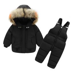 Jackets Black Snowsuits for Children Outerwear Clothes Kids -30 Degree Down Jacket Jumpsuit Winter Baby Boy Parka Real Fur Clothing Sets 231123