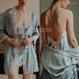 Women's Sleepwear Summer Female Kimono Bathrobe Nightgown Sexy Lace Trim Twinset Robe Set Suspender Nightdress Casual Silk Satin Home Wear