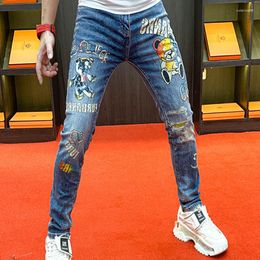 Men's Jeans Spring Summer Europe Station Men Blue Personalized Bear Print High Quality Korean Pants Skinny Hombre