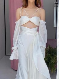 Work Dresses Sexy Bandage Off Shoulder Top Set Women Casual Stain Basic Female Long Skirt 2023 Summer Slim Chest Sleeveless Tops Ladies Suit