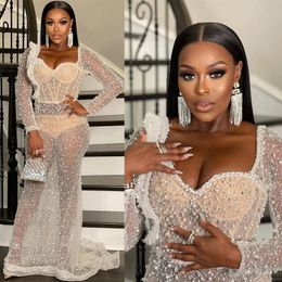 2023 Sexy Aso Ebi Prom Dresses Mermaid Long Sleeves See Through Evening Birthday Party Second Reception Arabic Formal Dress African Engagement Gowns ST242