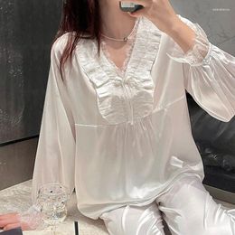 Women's Sleepwear V-Neck Lace Pijamas Set Loungewear Summer Pyjamas Sleep Suit Women Rayon Nightwear Lingerie Long Sleeve Nightsuits