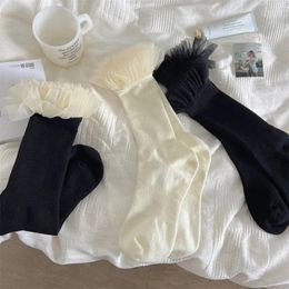 Women Socks JK Cotton Lolita Lace Frilly Female White Black Sweet Long Stocking Dress Calcetines Mujer