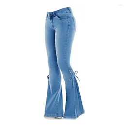 Women's Jeans Flare Mid Waist Bandage Wide Leg Trousers Butt-lifted Lady For Daily Wear Black Women Clothes Pants