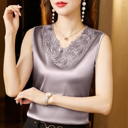 Women's Blouses Summer Sleeveless Satin Blouse Woman Fashion Lace V Neck Flower Embroidery Silk Vest Shirt 2023 Casual Elegant Solid Top