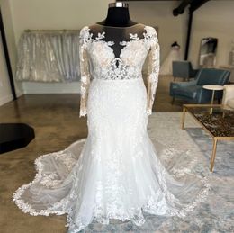 2023 Nov Arabic Aso Ebi Plus Size Ivory Mermaid Lace Wedding Dress Sheer Neck Long Sleeves Bridal Gowns Dresses ZJ440