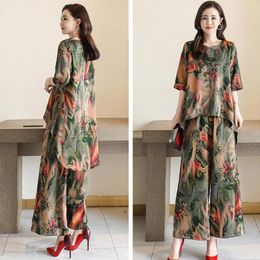 Women's Two Piece Pants Top Set Loose Fit Half Sleeve Full Length Vintage Printing T-shirt Long Trousers Versatile