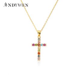 Strands Strings ANDYWEN 925 Sterling Silver Gold Clear Zircon Cross Pendant Necklace Long Chain Luxury Clip Wedding Rock Punk Sunmmer Choker 230422