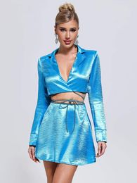 Work Dresses Sexy Skinny Lapel Long Sleeve Lace Up 2-piece Set Women Blue Crystal Chain Diamond Blouse Skirt Party Club Evening Outfits