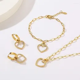 Necklace Earrings Set 3pcs Heart Pendant Earring Bracelet Necklaces For Women Gold Silver Colour Stainless Steel Dangle Jewellery Wedding Party