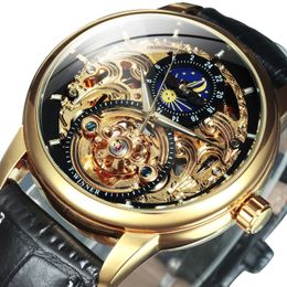 Other Watches WINNER Classic Retro Automatic Mechanical Luxury Skeleton Mens Watch Moon Phase Genuine Leather Strap Clock 231123
