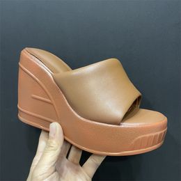 Leather 2023 Sheepskin New Style Sandals Wedge High Heels Summer Narrow Band Peep-toe Open Toes Flip-flops Slipper One-line Slip-on Solid Platform 25522