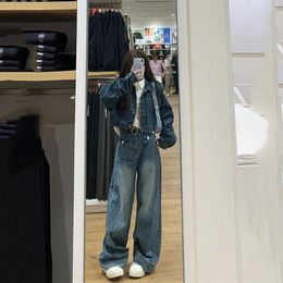 Women's Two Piece Pants 2023 Korean Y2k Denim Wide Leg Fashion Gyaru Short Jean Jackets Casual Washed Blue Jeans Trousers Retro Trend