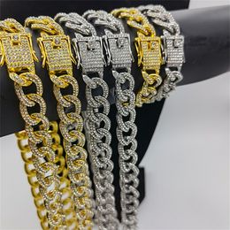 necklace for mens chain cuban link gold chains iced out Jewellery 13mm Full Diamond Round Cuban Chain Hip Hop Metal Alloy Necklace Bracelet Gold Plated