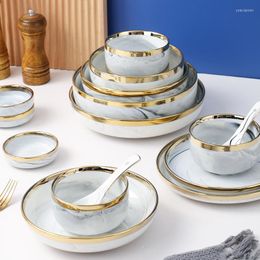 Plates Nordic Gold Rim Ceramic Tableware Set Grey Marbled Dinner Plate Soup Bowl Dish Spoon Home Simple Luxury Flatware