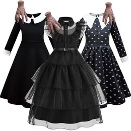 Mädchenkleider Mädchen Mittwoch Kostüm Kinder Prinzessin Tanzkleid Kinder Schwarz Familie Halloween Layered Dress Addams Party Fantasy 4-12 Jahre 231123