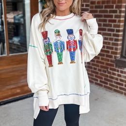 Women s Jacket Fall Winter Sweatshirt Shiny Sequin Cartoon Embroidery Round Neck Long Sleeve Loose Pullover Mid Length Christmas Top 231124